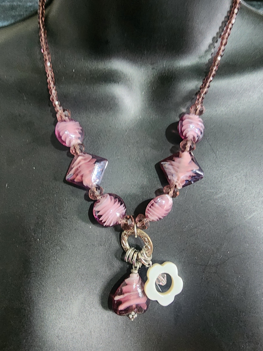 Artisan Purple Glass Bead Heart Flower Charm Necklace Chunky Y2K Statement